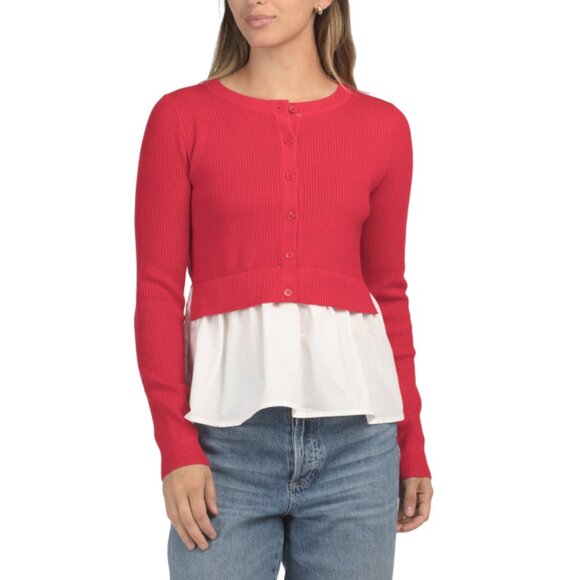 SUNDAY EDITION Red/white Twofer Poplin Peplum Hem Cardigan - Picture 1 of 2